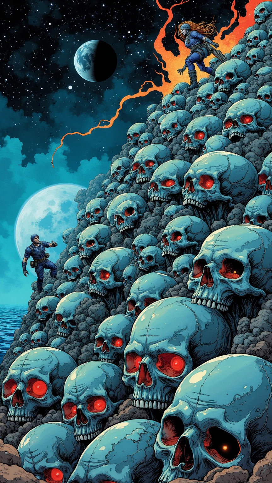 comic book panel 。A mad warrior climbing a mountain of skulls,Mountain made of skulls , Lovecraft Illustrations , Lovecraft Art , HP Lovecraft Style , Space and ocean horror illustration ,  lovecraftian Inspiration ,  Mixed Venom and Cthulhu , Lovecraft Backgrounds ,  Lovecraft Cosmic Fear ,  Scary Detail Color Art ,  Lovecraft Myths , Inspired by Lovecraft,  Lovecraft Horror , anatomically correct,  very detailed,  detail , Low Saturation Illustration 