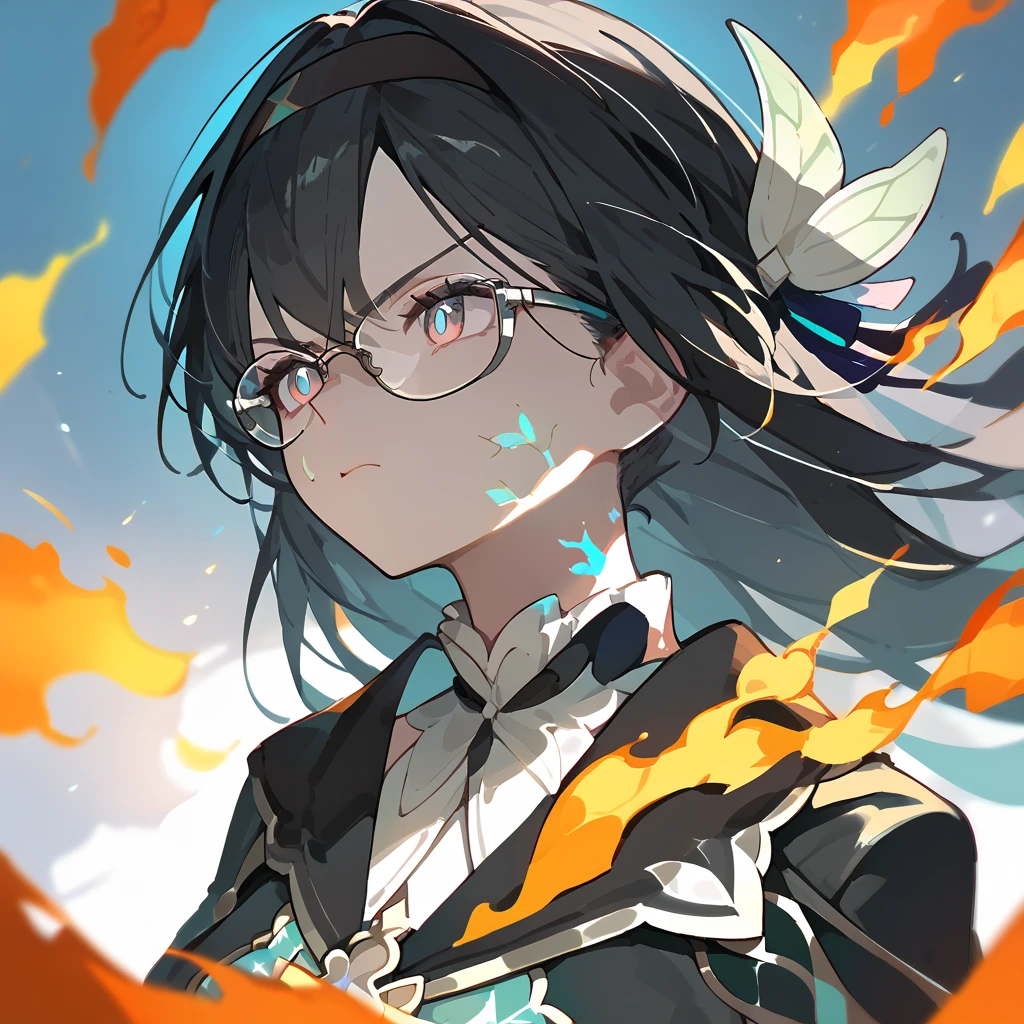 (score_9, score_8_up, score_7_up), 1girl, fireflyhsr, black hair, black eyes, eyeglasses, hairband, henshin, veins, closed mouth, looking serious, glowing, fire, 