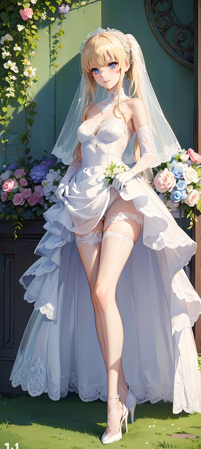 ((((ultra illustrated style:1.0)))),best quality,best animated,masterpiece,ray tracing, global illumination,1girl, solo,outdoors,standing,full body, (wedding dress:1.2), (presenting panties:1.2), white legwear,white lace panties,white garter straps,(white high heels:1.37),white rose,outdoors, <lora:Kusano Yui:0.7>