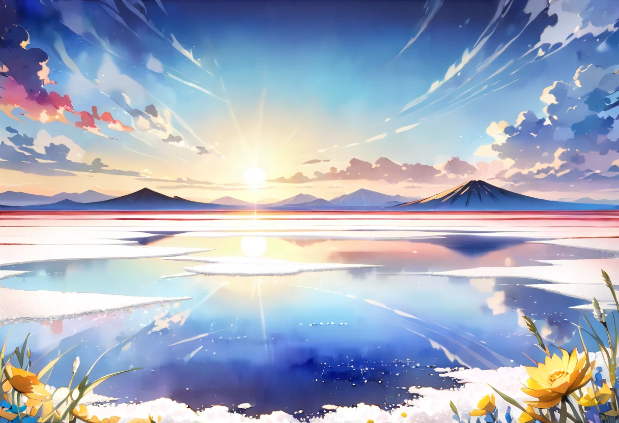 ((An elaborate watercolor painting depicting the Uyuni salt lake landscape))),(((Soul Love ))),(( top quality ,masterpiece:1.5)),(( sacred)),((Dazzling light)),( Large Coloured Photons :1.5),( pearl white ),( Perfect Anatomy ),( Ultra High Quality ),( detailed background),(Artwork),(Great harmony ),(The 々 creatures you depict are beautiful),Desaturated:1.1, Rich Color Palette ,Beautiful and fantastic lighting, anime style,truth,joy,thank you,comfortable,fair,Elegance,Polite , true strength , full of vitality ,altruism,Beautiful,clean, soft,Here and now , Forget Time ,Unadorned ,fun,continuation