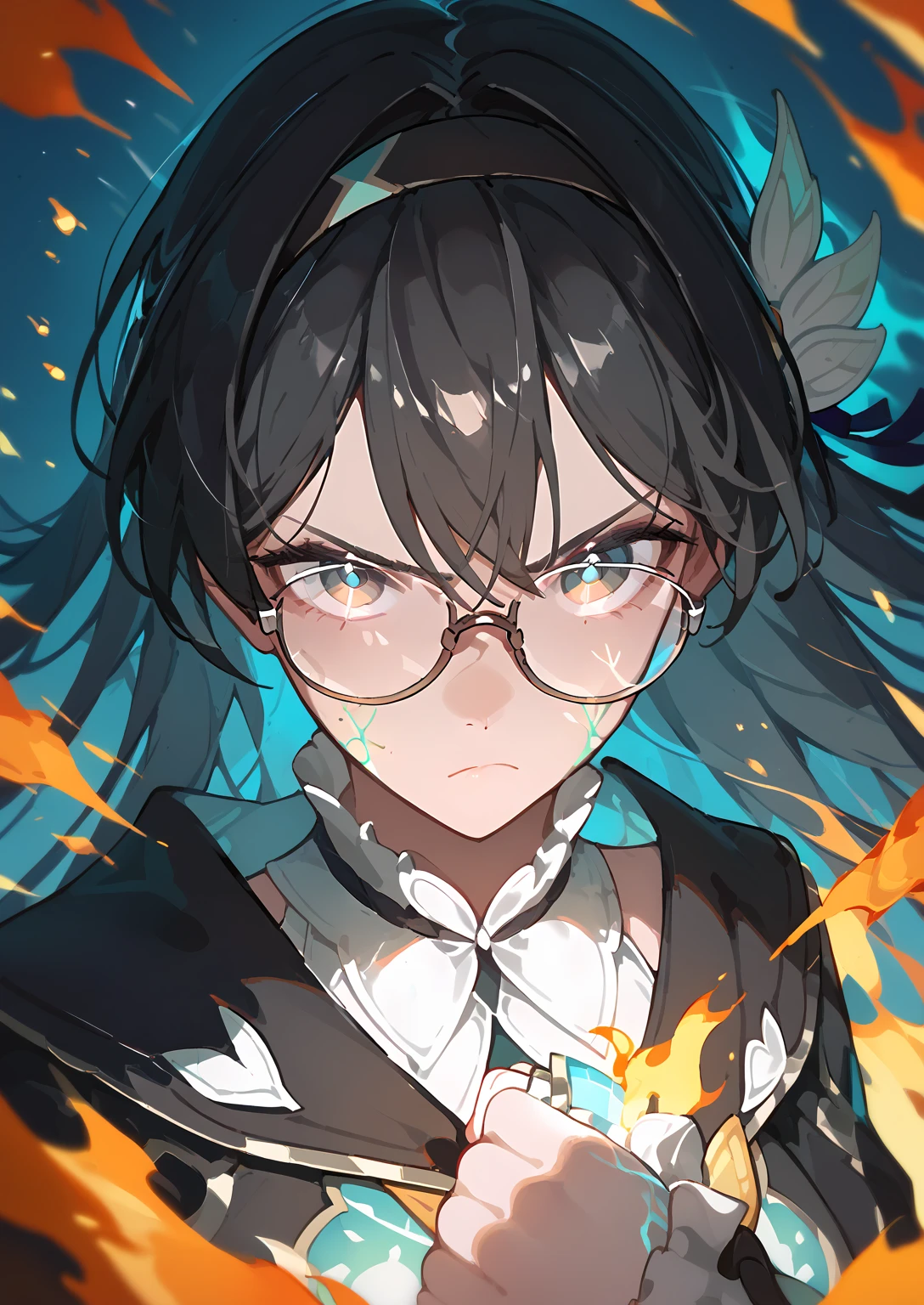 (score_9, score_8_up, score_7_up), 1girl, fireflyhsr, black hair, black eyes, eyeglasses, hairband, henshin, veins, closed mouth, looking serious, glowing, fire, 