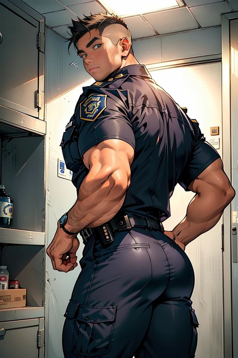 manly, charming, handsome, mature male, beefy body, nijimale, bara, Lower half of body is jockstrap only, a police officer's shirt with all the buttons undone, high detailed black and white jockstrap, police station locker room, male focus, masterpiece, best quality, ultra detailed, highly detailed, photorealistic, 8k,