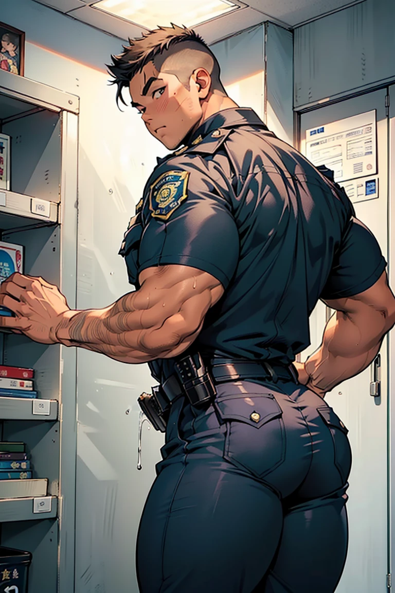handsome man,(crew cut short hair:1.6),black eye,smile,open mouth,
(navy police uniform outsite :1.5),(shirt short sleeves:1.5),collar,(shirt covered over:1.2),(name tag and Police badge),(shirt no buttons:1.1),(black_gloves:1.3),
(Navy blue cargo:1.2),Korean guy,korean men,(High gloss details),(chest muscles:1.2),(large arm muscles:1.2),blood vessel,Big muscles,Broad shoulders,looking at the audience,Balancing the eyes,middle of the road,,(backpack:1.3)
(in office:1.5) ,(navy Cotton Mask:1.3