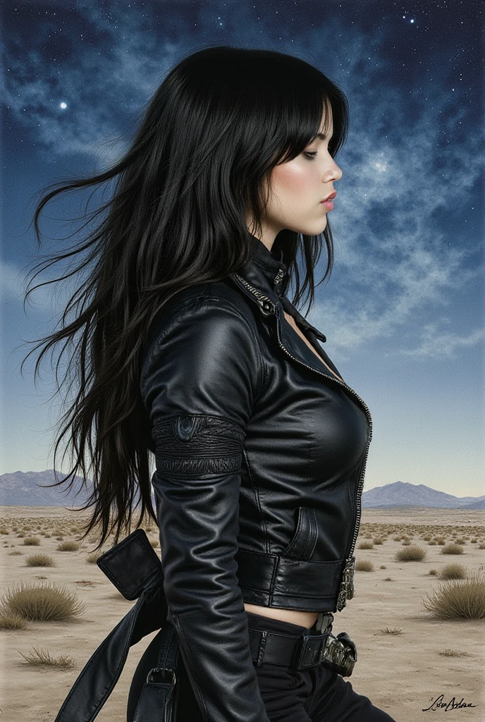 Beautiful portrait of a woman, Jenna Ortega,
young woman, long black hair,  small freckles, black leather jacket, in a desolated landscape, during night, ink and watercolor, Painting of Luis Royo, high resolution, high definition, masterpiece, many details, cold colors