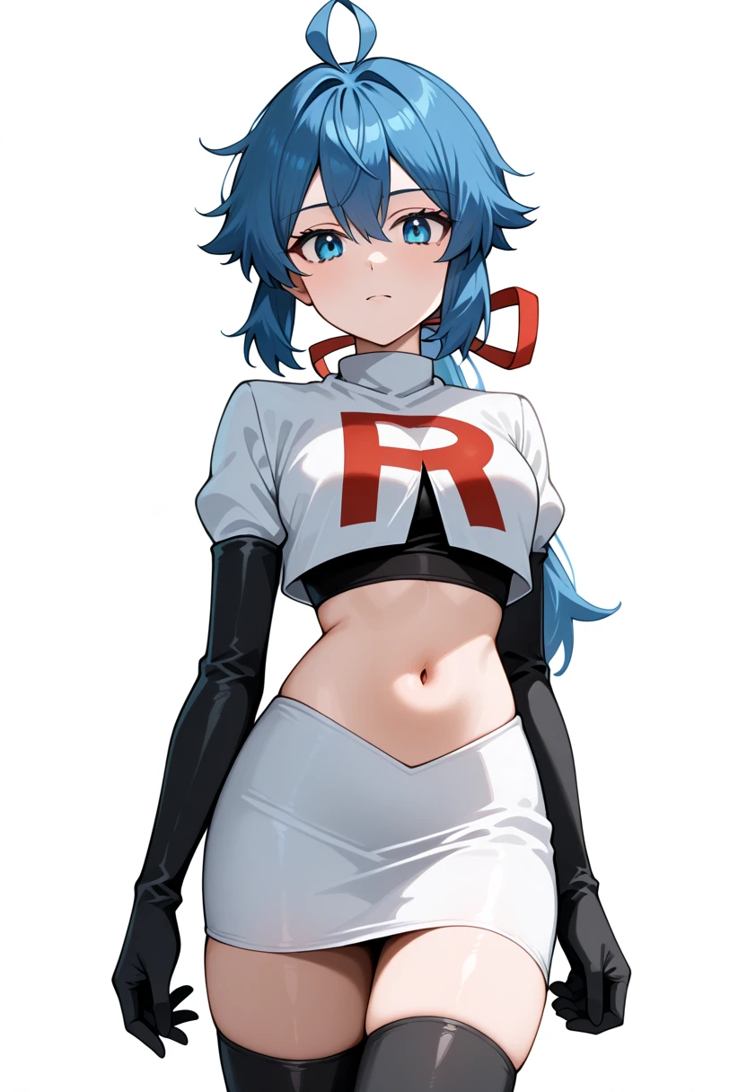 masterpiece, best quality, white background, looking the viewer, 
 1girl, blue hair, blue eyes, hair ribbon, ahoge, long hair, ponytail,  hair between eyes, red ribbon, navel, team rocket,team rocket uniform,white skirt,red letter R,crop top,black thigh-highs,black elbow gloves, cowboy_shot