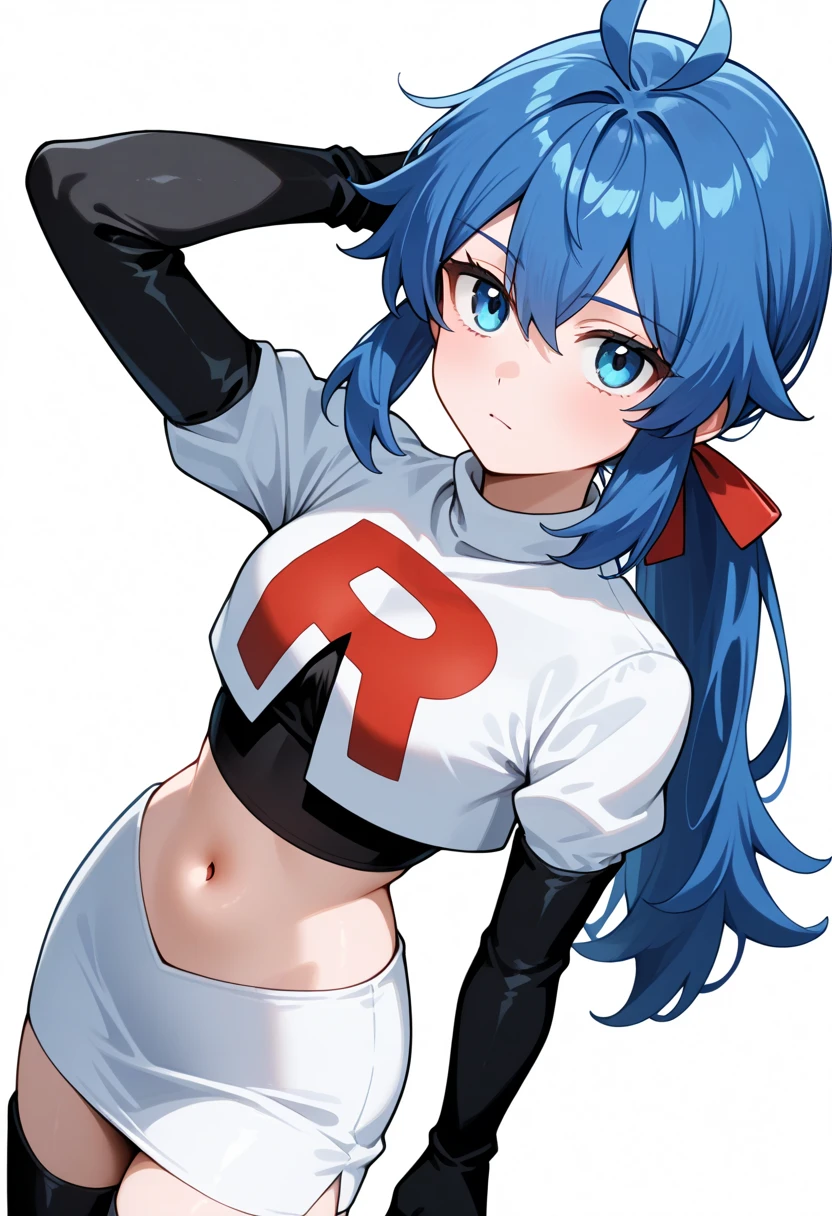 masterpiece, best quality, white background, looking the viewer, 
 1girl, blue hair, blue eyes, hair ribbon, ahoge, long hair, ponytail,  hair between eyes, red ribbon, navel, team rocket,team rocket uniform,white skirt,red letter R,crop top,black thigh-highs,black elbow gloves, cowboy_shot