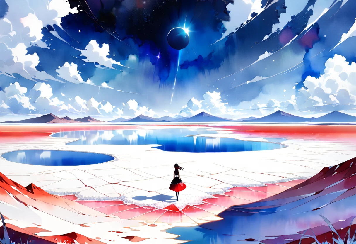 ((An elaborate watercolor painting depicting the unusual landscape of Uyuni salt lake))),(((Soul Love ))),(( top quality ,masterpiece:1.5)),((Nature)),((Dazzling light)),( Large Coloured Photons :1.5),( pearl white ),( Perfect Anatomy ),( Ultra High Quality ),( detailed background),(Artwork),(Great harmony ),(The 々 creatures you depict are beautiful),Desaturated:1.1, Rich Color Palette ,Beautiful and fantastic lighting, anime style,truth,