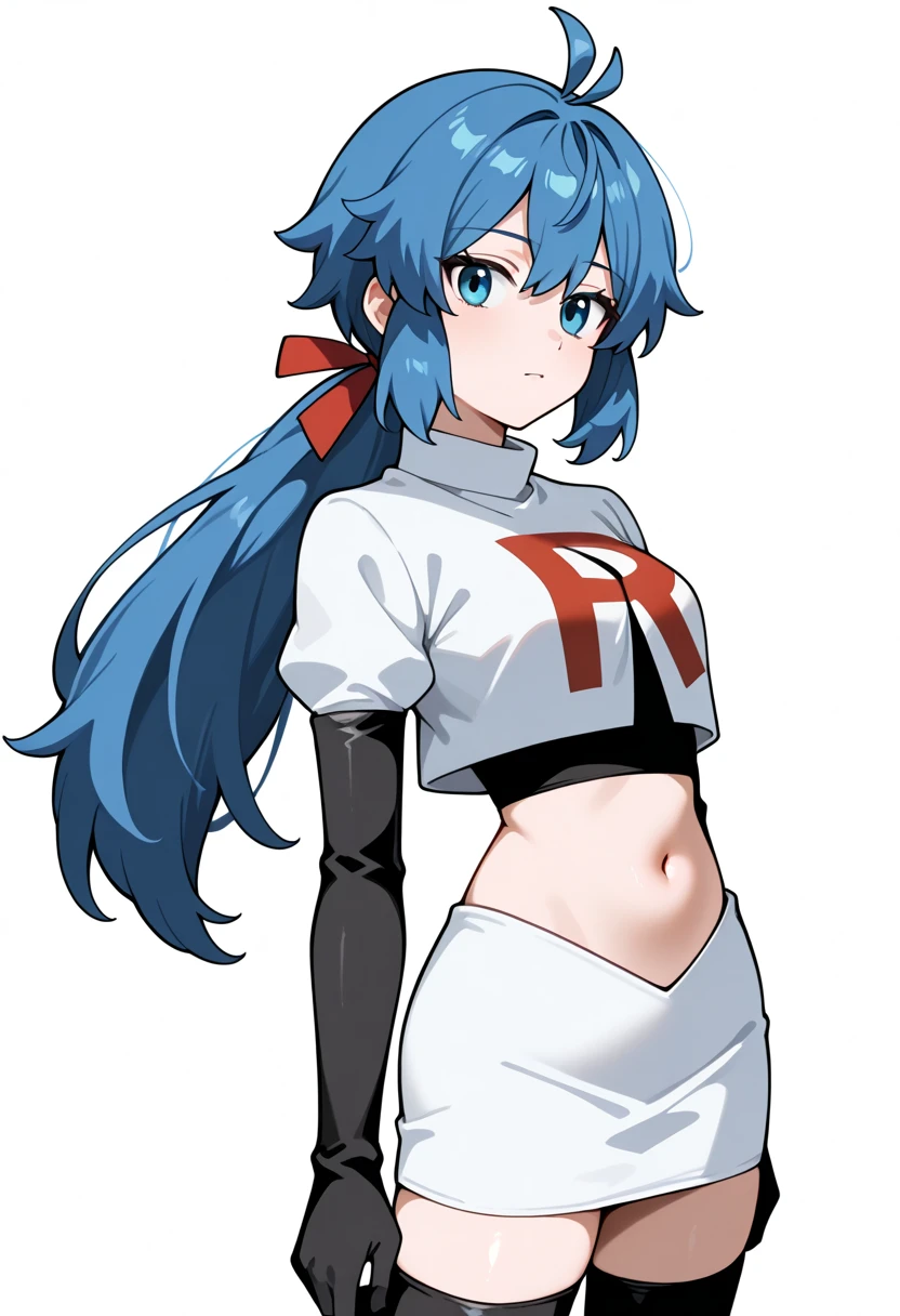 masterpiece, best quality, white background, looking the viewer, 
 1girl, blue hair, blue eyes, hair ribbon, ahoge, long hair, ponytail,  hair between eyes, red ribbon, navel, team rocket,team rocket uniform,white skirt,red letter R,crop top,black thigh-highs,black elbow gloves, cowboy_shot