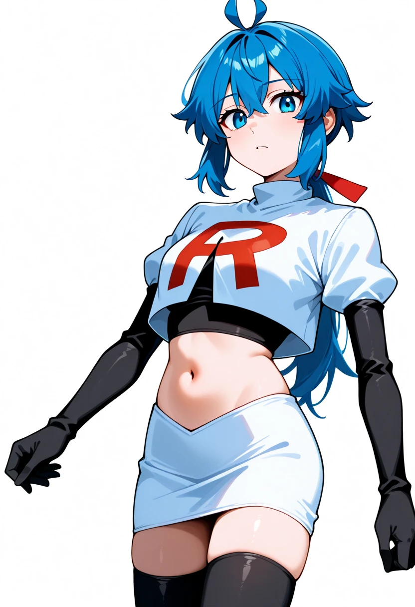 masterpiece, best quality, white background, looking the viewer, 
 1girl, blue hair, blue eyes, hair ribbon, ahoge, long hair, ponytail,  hair between eyes, red ribbon, navel, team rocket,team rocket uniform,white skirt,red letter R,crop top,black thigh-highs,black elbow gloves, cowboy_shot