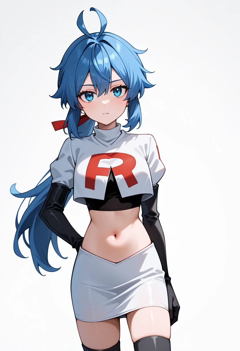 masterpiece, best quality, white background, looking the viewer, 
 1girl, blue hair, blue eyes, hair ribbon, ahoge, long hair, ponytail,  hair between eyes, red ribbon, navel, team rocket,team rocket uniform,white skirt,red letter R,crop top,black thigh-highs,black elbow gloves, cowboy_shot