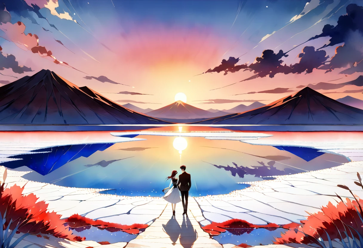 ((An elaborate watercolor painting depicting the unusual landscape of Uyuni salt lake))),(((Unconditional Love))),(( top quality ,masterpiece:1.5)),((Nature)),((Warm Light)),( Large Coloured Photons :1.5),( pearl white ),( Perfect Anatomy),( Ultra High Quality ),( detailed background),(Artwork),(Great harmony ),(The 々 creatures you depict are beautiful),Desaturated:1.1, Rich Color Palette ,Beautiful and fantastic lighting, anime style,truth,