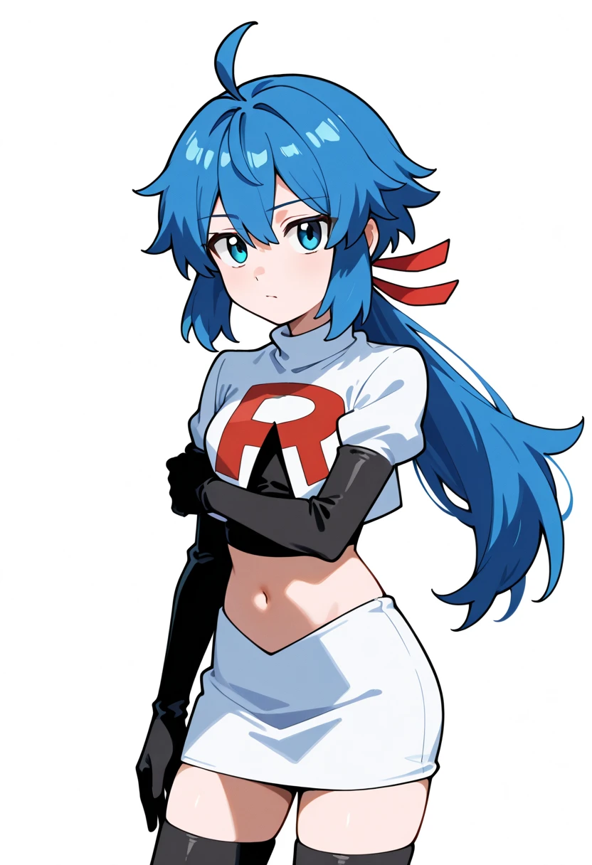 masterpiece, best quality, white background, looking the viewer, 
 1girl, blue hair, blue eyes, hair ribbon, ahoge, long hair, ponytail,  hair between eyes, red ribbon, navel, team rocket,team rocket uniform,white skirt,red letter R,crop top,black thigh-highs,black elbow gloves, cowboy_shot