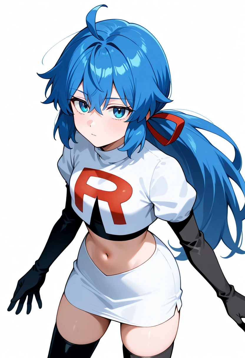 masterpiece, best quality, white background, looking the viewer, 
 1girl, blue hair, blue eyes, hair ribbon, ahoge, long hair, ponytail,  hair between eyes, red ribbon, navel, team rocket,team rocket uniform,white skirt,red letter R,crop top,black thigh-highs,black elbow gloves, cowboy_shot