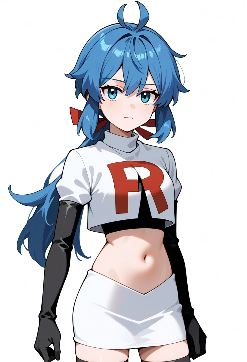 masterpiece, best quality, white background, looking the viewer, 
 1girl, blue hair, blue eyes, hair ribbon, ahoge, long hair, ponytail,  hair between eyes, red ribbon, navel, team rocket,team rocket uniform,white skirt,red letter R,crop top,black thigh-highs,black elbow gloves, cowboy_shot