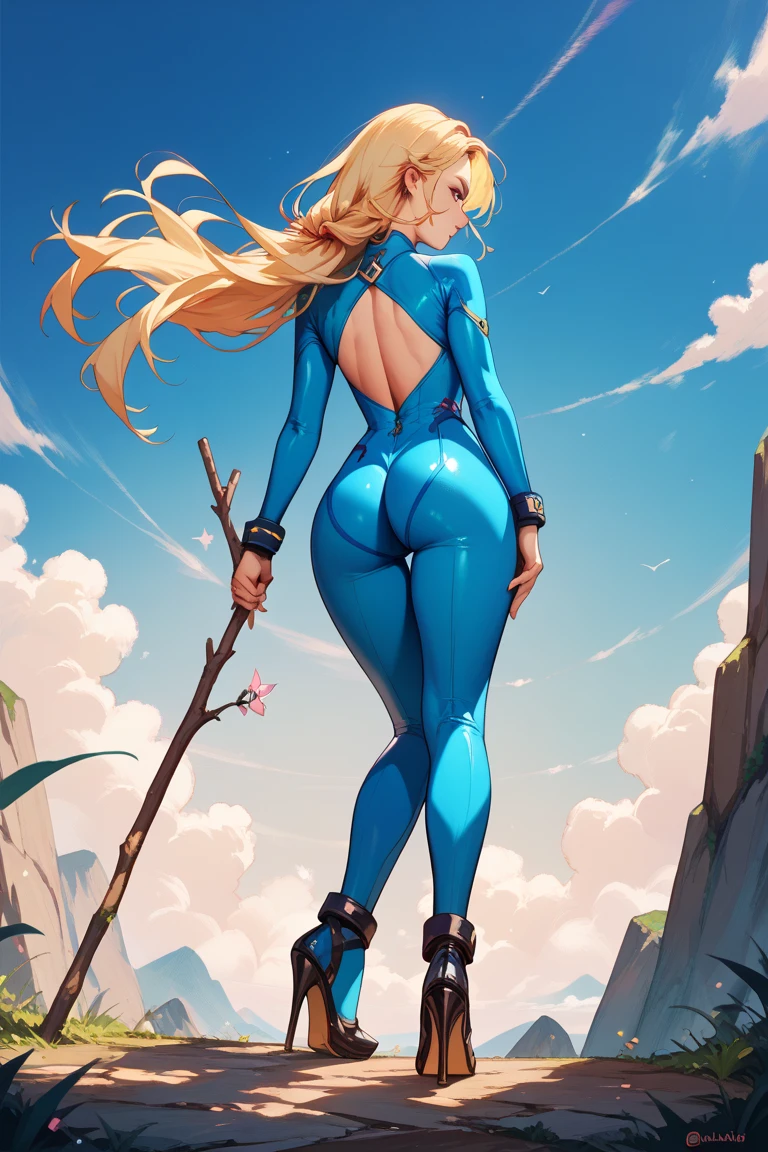 Samus Aran with hair pulled back in a ponytail with large breast and big ass in gray bodysuit standing on the roof at night, eyes blue (detailed:1.8), dramatic lighting, pretty girl