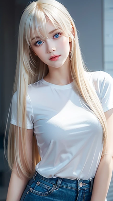 (((blouse、Shorts、White background、Cowboy Shot、forehead)))、forehead、Northern Europe、Russia、beautiful girl、Platinum Blonde Hair、Straight long hair、Big blue eyes、Northern Europeの若者、Glowing Skin、Young and beautiful skin、A perfect and beautiful little face、Bright makeup、Pale pink lips、Bright expression、lipstick、Golden Hour Lighting、Movie Light、Intricate details、High resolution、 Detailed features of the face design、Big Breasts