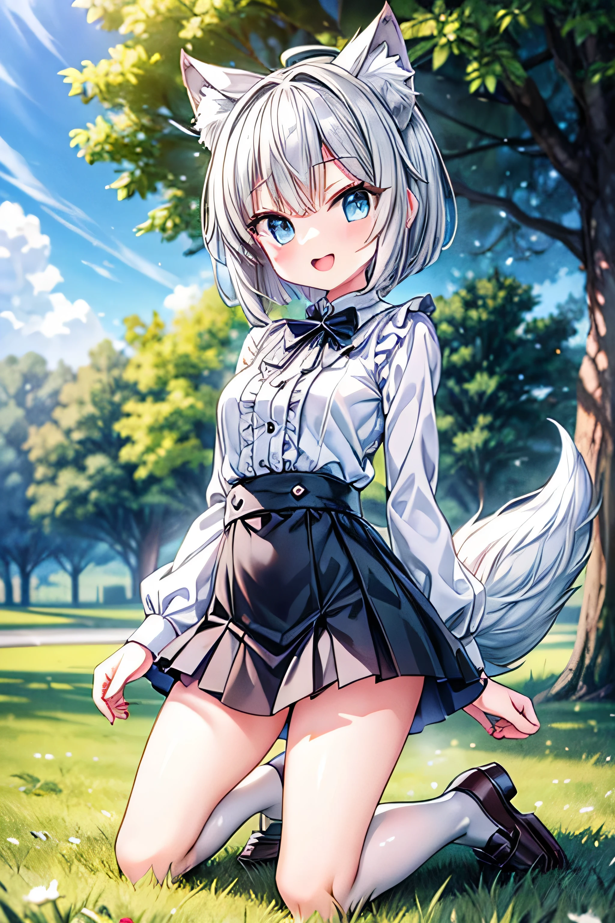 (extremely detailed, 8K resolution, with sharp focus, masterpiece, best quality, Moe Art style, sfw):1.2, 1 cute silver wolf lady, slender full body, kneeling on the grass in the park, detailed skyblue eyes, detailed pupil, wicked smile, open mouth, short hair, black loafers