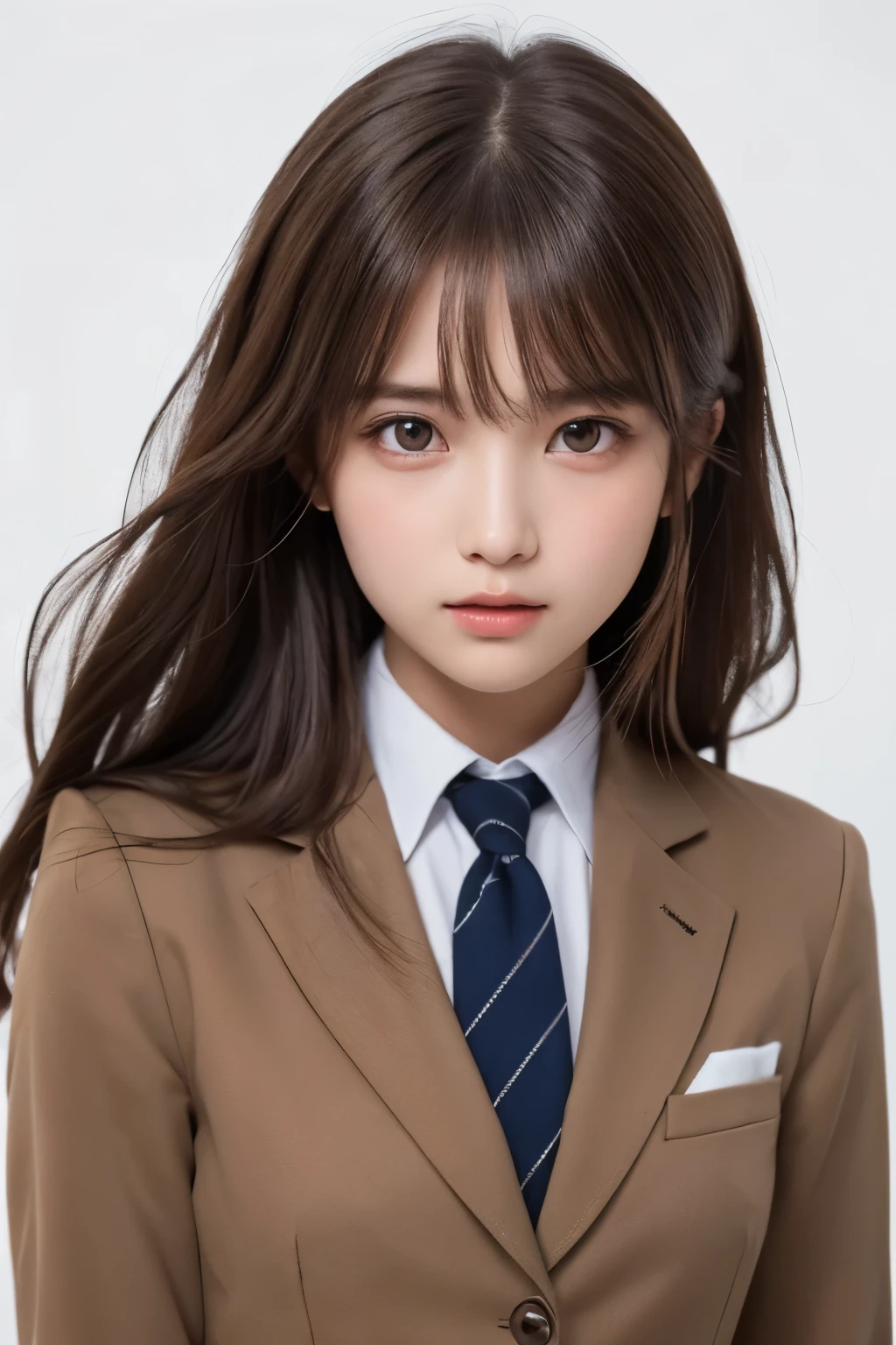 1girl, (a beauty girl, delicate girl, beautiful girl, innocent girl:1.3), (18yo:1.3),
break, (school uniform, blazer uniform:1.3), (cowboy shot, longskirt),
break, (white background:1.44),
break, very fine eyes, (symmetrical eyes:1.3),
break, (flat breasts:0.5), (round face, ), (brown eyes), parted bangs, (brown hair),
break, (eyes and faces with detailed:1.0), face focus,
break, (masterpiece, best quality, ultra detailed, detailed face, 8k)