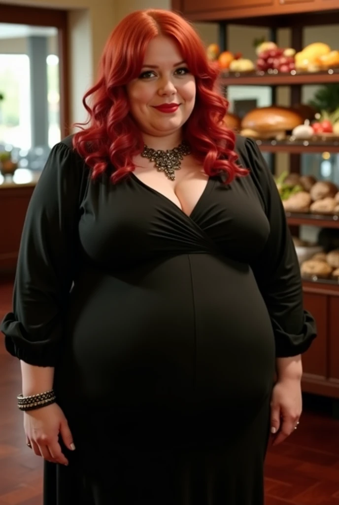 A Sideview Happy photo of a young beautiful redhead bbw with soft fat belly, wide fat obese hips, thick fat legs and fat arms, cute pretty face, small breasts, blue eyes, freckles, sitting at a table in an elegant detailed covering green dress on a chair with a lot of food in front of her in an all-you-can-eat restaurant of a cruise ship