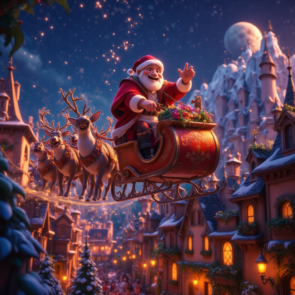 highly detailed, dynamic, cinematic, stunning, realistic lighting and shadows, vivid, vibrant, octane rendering, Unreal Engine, highly detailed, concept art, realistic, cry engine, (dramatic, grainy, intense: 1.4), highest quality, 32k uhd, incredibly detailed, intricately detailed, ultra detailed, ultra high quality, high detail, ultra detailed, masterpiece, A magical 3D Disney-style animation scene of (huge muscular Santa Claus) riding his sleigh, pulled by eight majestic reindeer, soaring high across a starry Christmas Eve sky. huge muscular Santa, dressed in his classic red suit and hat, waves cheerfully as he prepares to deliver presents to ren around the world. The sleigh sparkles with golden magic dust trailing behind, adding a whimsical glow to the scene. Below, a picturesque town is beautifully decorated with festive Christmas lights, with rooftops and trees shimmering in warm colors. The streets are bustling with tiny glowing details of families celebrating indoors. The night sky is deep blue, dotted with twinkling stars and the soft glow of a crescent moon, creating a sense of wonder and warmth. The style is vibrant and colorful, capturing the charm and magic of a Disney animated holiday story.