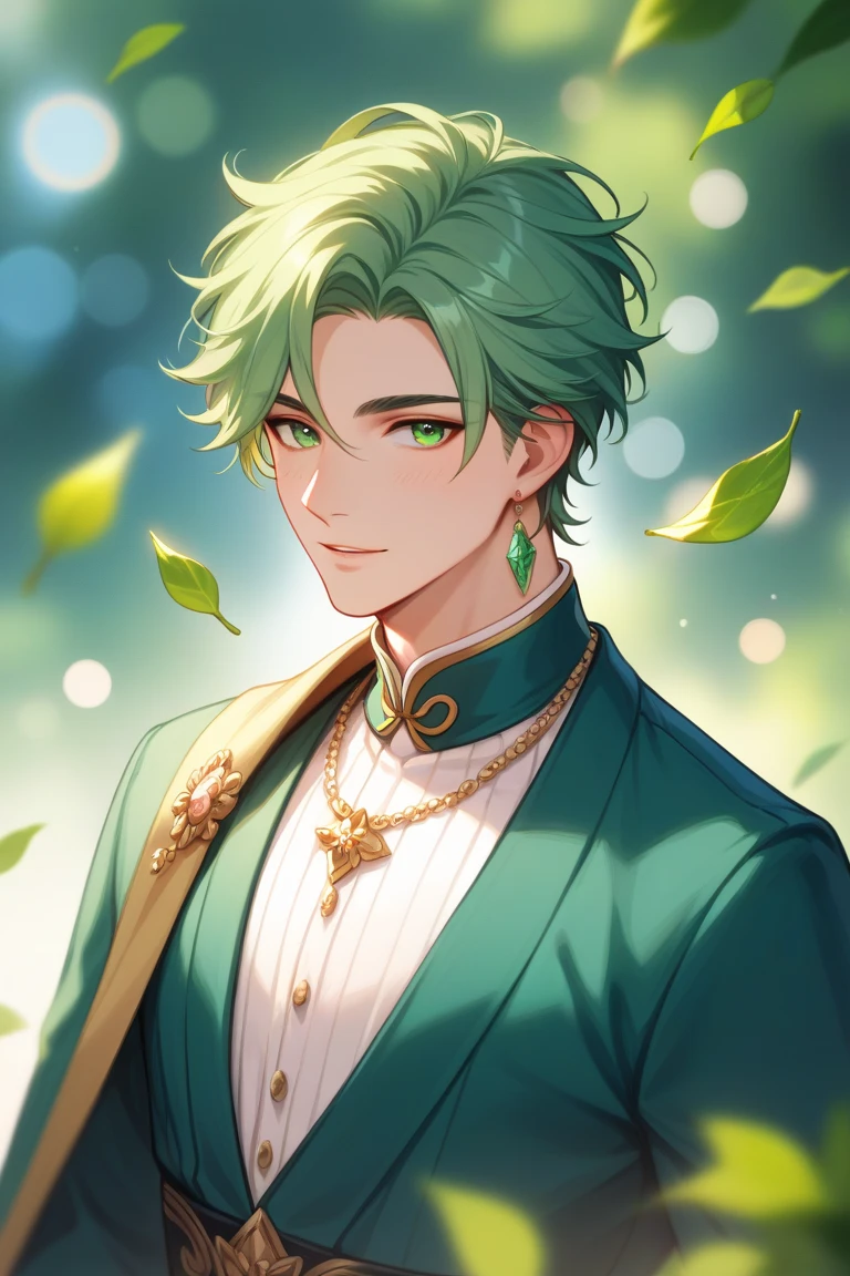 A young man of elegant anime style with short flowing blond hair and striking green eyes. He wears a delicate necklace adorned with crystal-like green leaves. His expression is calm and complements his natural beauty. The man, dressed in a gorgeous green kimono, is softly lit by warm ambient light and surrounded by a gentle bokeh effect. The background is dreamy and softly blurred, emphasizing the man's ethereal appearance.