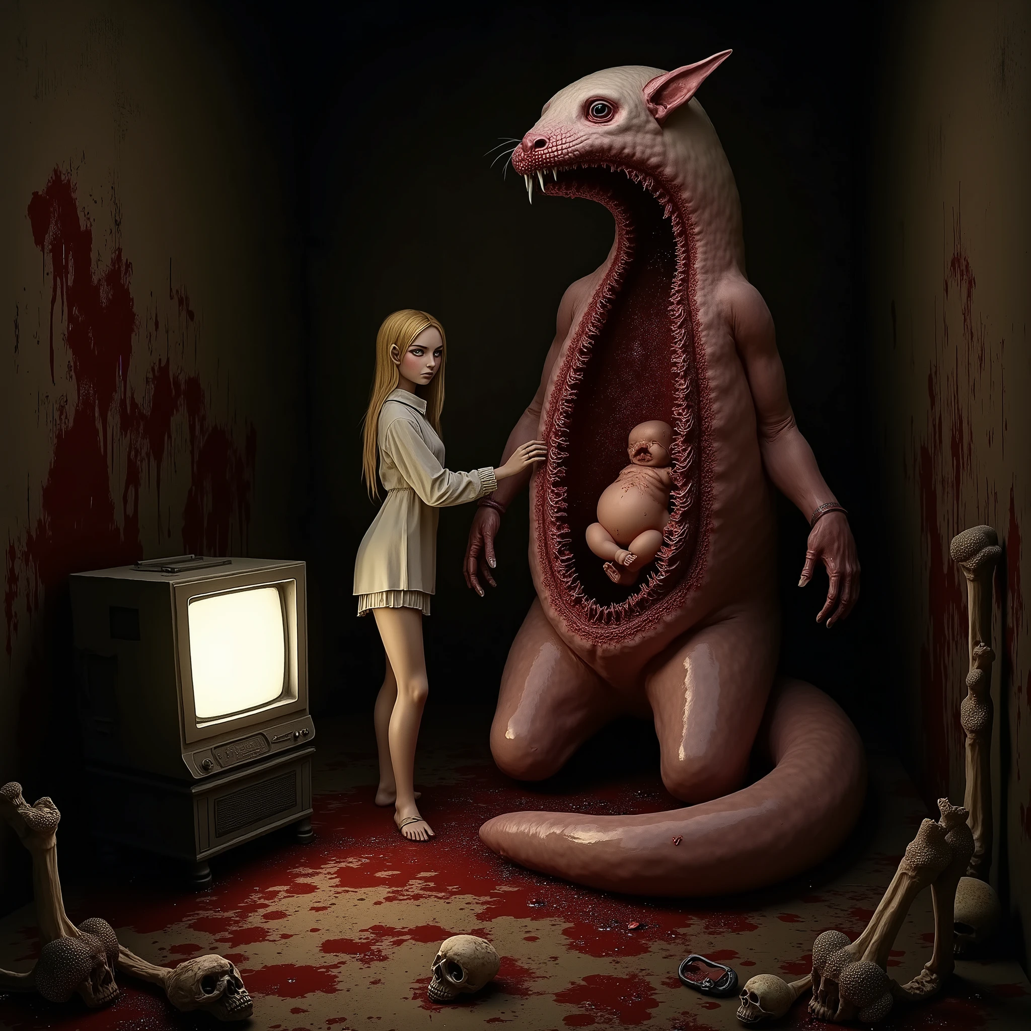 "(the best lighting,  high contrast , dark, dramatic),(Blonde e-girl next to a giant jelly weasel, Open the rib cage, fetus, autopsy, human bones, blood on the walls), tv on . Light Caravaggio"