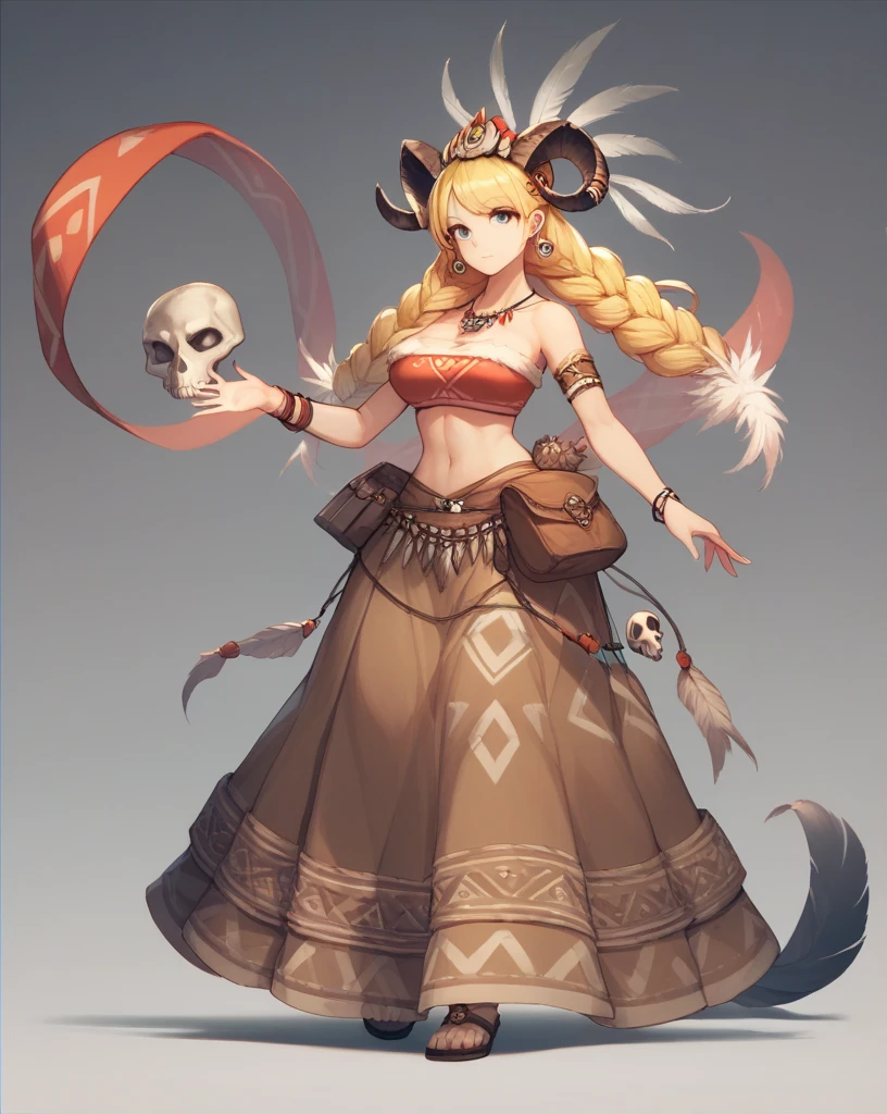 1girl, blonde hair, curly blonde hair, horns, animal skull, armband, armlet, bandeau, bare shoulders, bracelet, braid, brown skirt, earrings, facepaint, feather hair ornament, feathers, full body, fur trim, grey background, hair ornament, headdress, jewelry, long hair, long skirt, magic, midriff, multiple braids, navel, necklace, pouch, skirt, skull, solo, standing, stomach, strapless, tribal, tube top, wristband, big breast, full body