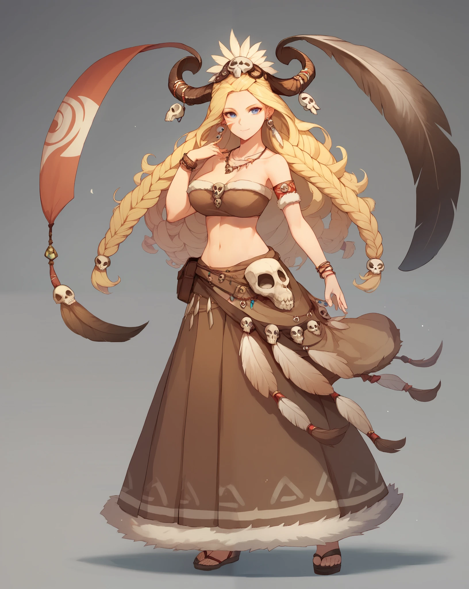 1girl, blonde hair, curly blonde hair, horns, animal skull, armband, armlet, bandeau, bare shoulders, bracelet, braid, brown skirt, earrings, facepaint, feather hair ornament, feathers, full body, fur trim, grey background, hair ornament, headdress, jewelry, long hair, long skirt, magic, midriff, multiple braids, navel, necklace, pouch, skirt, skull, solo, standing, stomach, strapless, tribal, tube top, wristband, big breast, full body