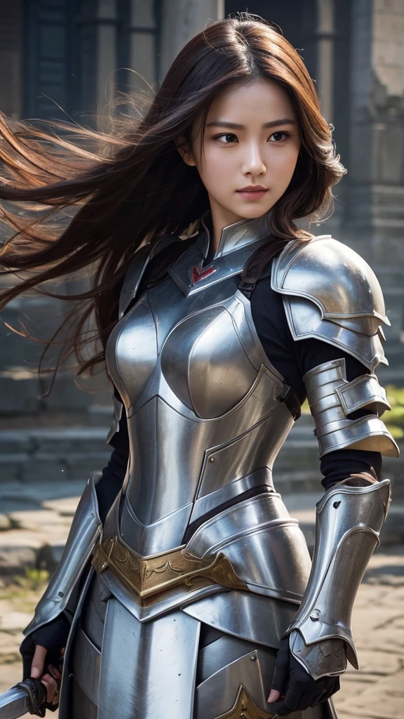 (8k, Highest quality:1.2)、masterpiece, Beautiful Knight, ((Asian Model))、((mask))、((maskをつけた騎士))、(Attractive Asian:1.0),(( Black Armor))、(Black clothes)、((Detailed leather armor)), (Strong muscular body), (Black Hair),(Long Hair)、 Braiding、Disheveled Hair、feet, (High fantasy battlefield environment), (Stained Glass Background), High resolution, (Skin Texture:1.1), Highest quality, 超High resolution, (Realistic: 1.4), RAW Photos, Nikon D850 film stock photos, 1 1 1.6 Lenses, Rich colors, Bokeh, Sharp focus, Realistic, Cinestill 800, Backlight, Rim Light, Strong sunlight, Realistic, Realistic Shadow, 3d, (Church Background:1.2),Hair blowing in the wind、whole body、 (Ancient Fantasy Ranger),(Ancient soldier armor),Combat Accessories,breastplate、((Long trousers))、Voluminous lips、((Big Breasts))、((Large Breasts))、((Perfect Face))、Big eyes、Delicate eyes、Pants that fit snugly、Looking into the camera、belt、Armor with intricate patterns、superior半身、superior、Delicate hands、((Knee-high boots))、She is standing、金属のbreastplate、