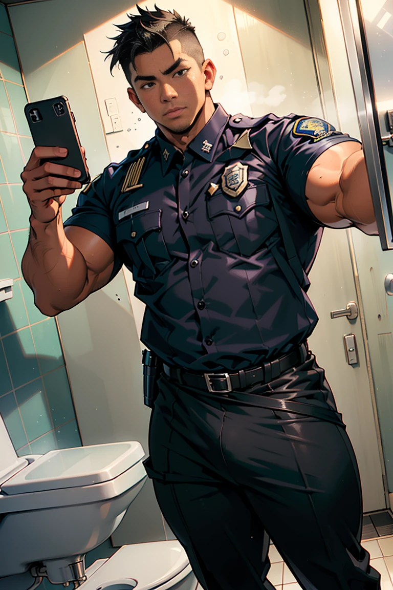 ((holding phone,cellphone picture,nudeP,1boy,solo, police officer costume, cowboy shot, face focus)),penis,testicles,short hair,muscular male,bara,