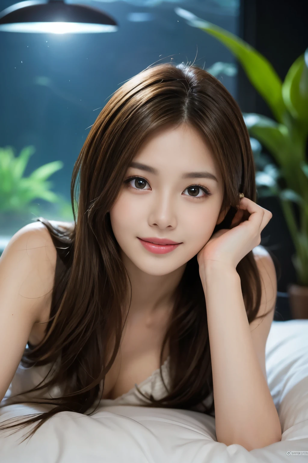 on the table, best quality, shape, Super detailed, Finely, high resolution, 8k wallpaper, 完璧なダイナミックな構shape, Beautiful and delicate eyes, Medium Length Hair, Small Breasts, Natural lipstick, Casual sexy pose,Smile,20 year old girl、midnight、Beautiful and detailed face、Perfect beautiful face,big eyes、original photo、Use the whole body to express female posture、Beautiful and delicate eyes、Small face、Beautiful duplex、Facelift and style,skirt、Beautiful golden ratio face,Long hair