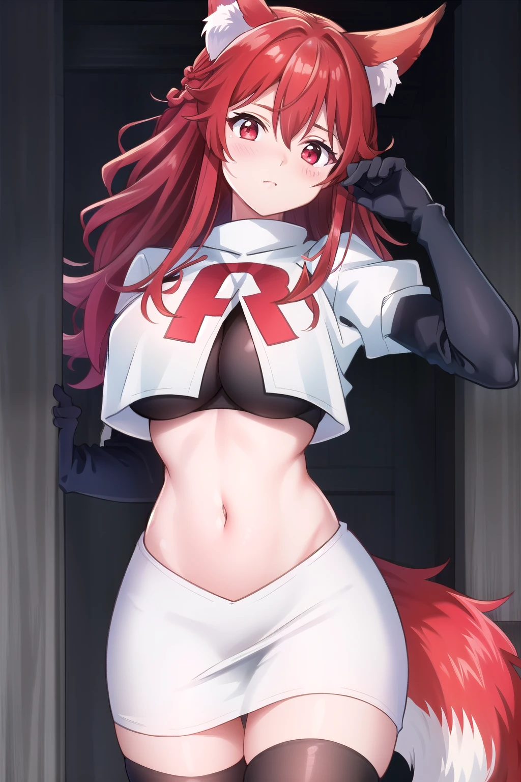 (extremely detailed CG unity 4k wallpaper),(masterpiece),(best quality),(ultra-detailed),(best illustration),(best shadow),(absurdres),(detailed background), Flay, 1girl, animal ears, solo, breasts, tail, long hair, large breasts, fox ears, red eyes, looking at viewer, fox tail, multicolored hair, hair between eyes, animal ear fluff, red hair, skin tight, blush, cowboy shot, bangs, gradient hair, team rocket,team rocket uniform,white skirt,red letter R,crop top,black thigh-highs,black elbow gloves