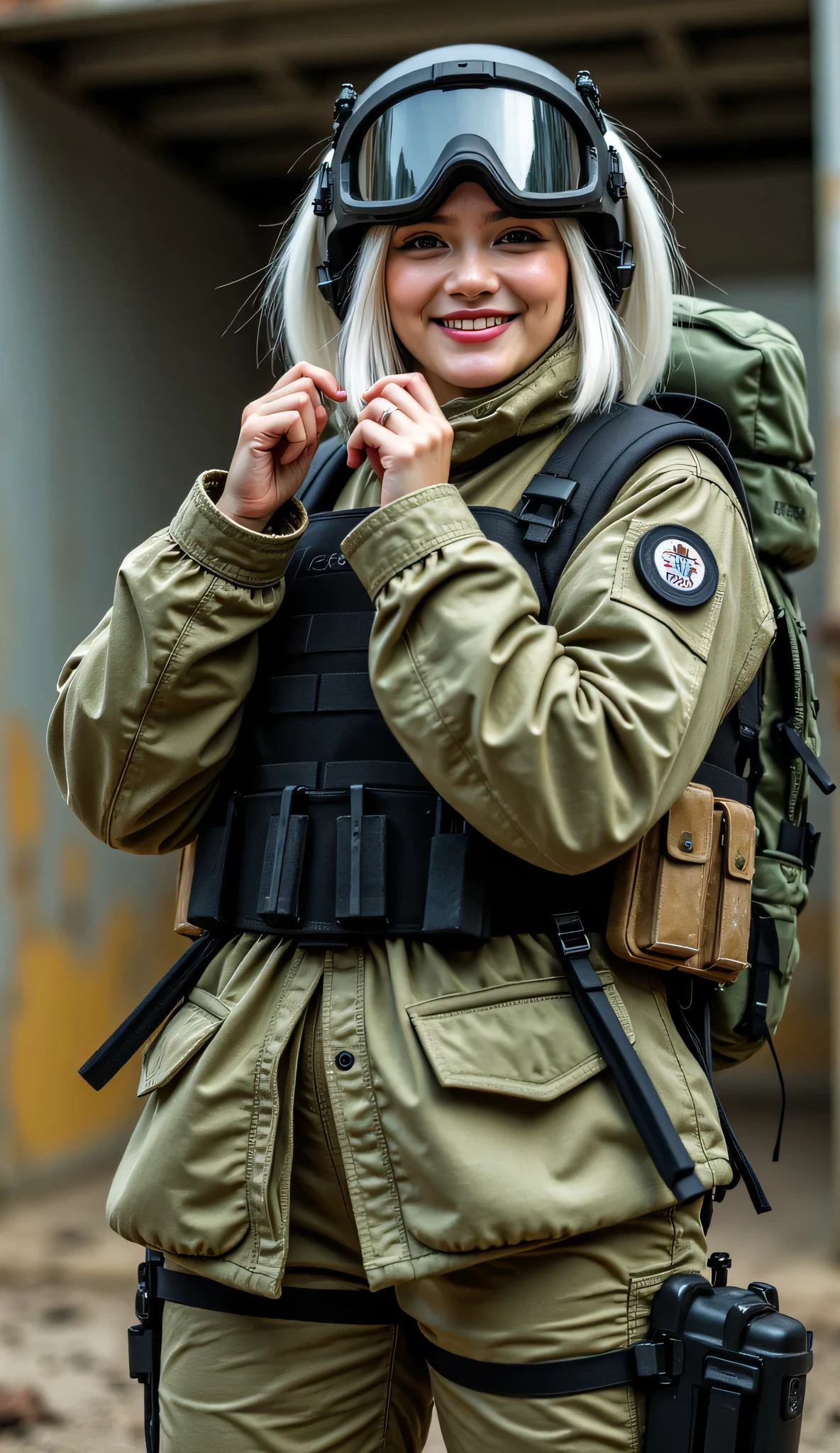 a contractor young girl, Russian facial features, caressing her tits, screaming with pleasure, white french bob haircut, riding on a small brown dick, show anus, full of too much large pubic hair in vagina and anus, wearing full equip militar camouflage, chest rig tactical vest, ballistic helmet with face shield, fully dressed, with a large military backpack, sweaty body, voluptuous body, focusing on her ass, mega exaggeratedly inflated hips, large hips and extra big ass and boobs, hips too large and wide, slim waist, behind, very close up, in a bunker,