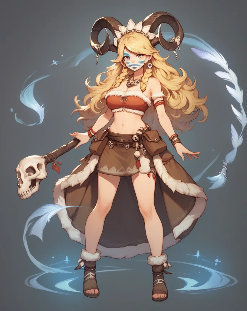 1girl, blonde hair, curly blonde hair, horns, animal skull, armband, armlet, bandeau, bare shoulders, bracelet, braid, brown skirt, asymmetrical skirt, medium skirt, earrings, facepaint, feather hair ornament, feathers, full body, fur trim, grey background, hair ornament, headdress, jewelry, long hair, medium skirt, magic, midriff, multiple braids, necklace, pouch, skirt, skull, solo, standing, stomach, strapless, tribal, tube top, wristband, big breast, full body