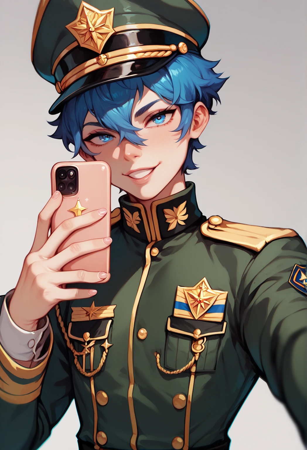 Handsome  17 old boy
Effeminate
Blue eyes,
Short, messy blue hair with black gradient,Slim and slender and delicate body, Wearing a cap and military commander's uniform, dictator, black military uniform, femboy, femboy, Taking a selfie 