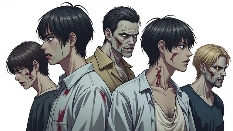 manhwa style, a group of zombiesm just male zombies, torn clothes, high detailed, without anomalies, ((side view)), white background