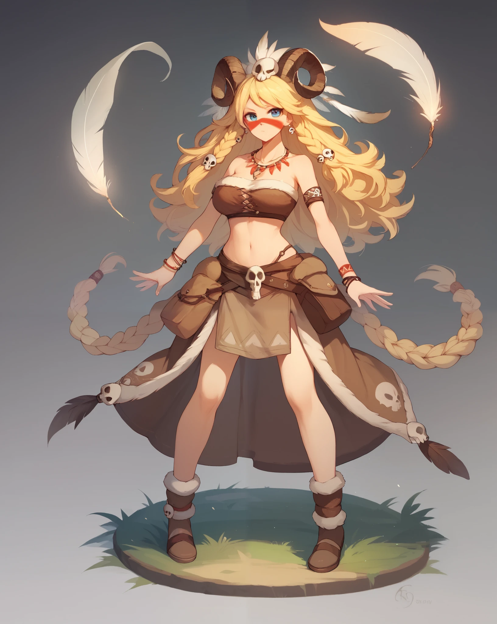 1girl, blonde hair, curly blonde hair, horns, animal skull, armband, armlet, bandeau, bare shoulders, bracelet, braid, brown skirt, asymmetrical skirt, medium skirt, earrings, facepaint, feather hair ornament, feathers, full body, fur trim, grey background, hair ornament, headdress, jewelry, long hair, medium skirt, magic, midriff, multiple braids, necklace, pouch, skirt, skull, solo, standing, stomach, strapless, tribal, tube top, wristband, big breast, full body