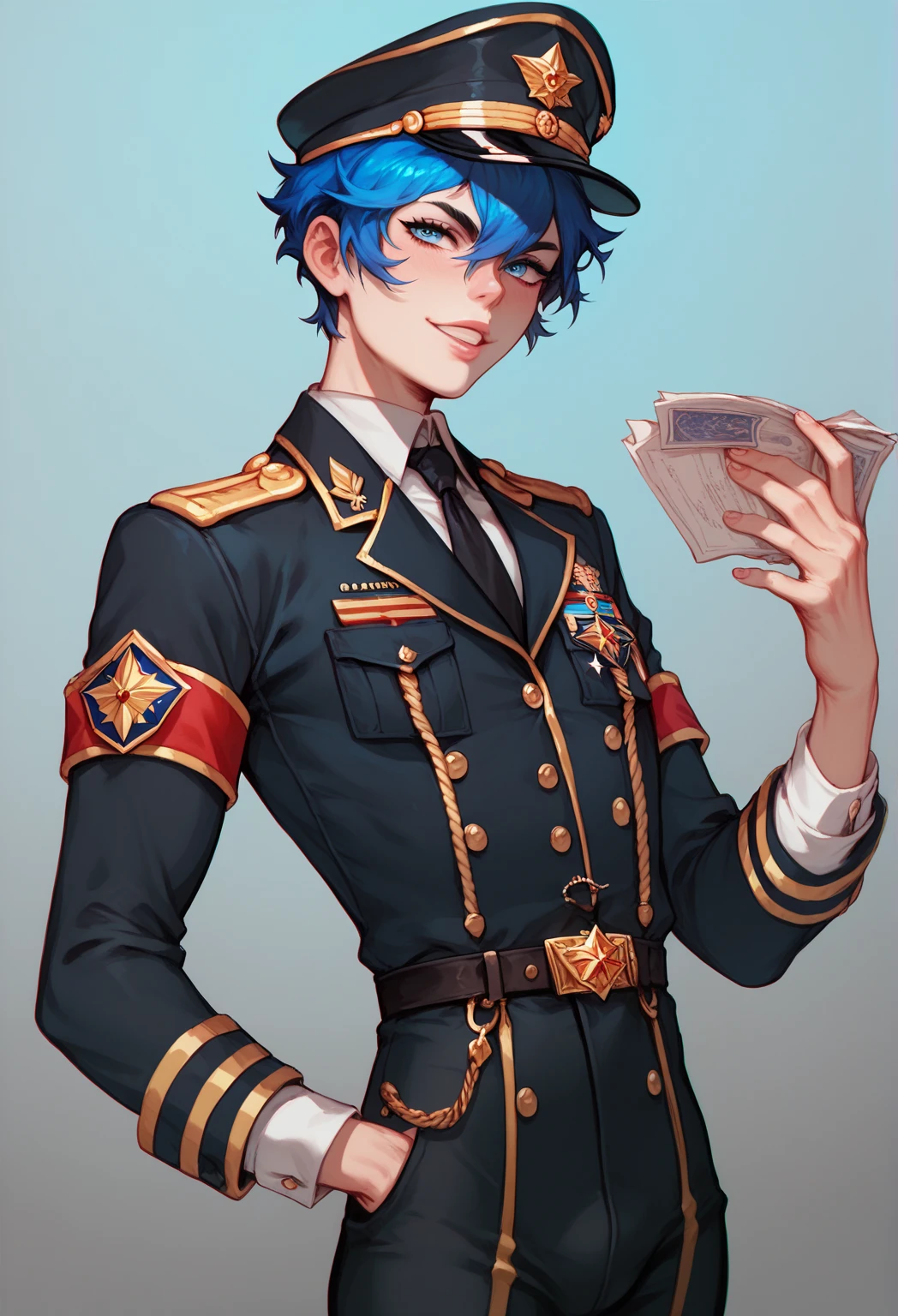 Handsome   boy
Effeminate
Blue eyes,
Short, messy blue hair with black gradient,Slim and slender and delicate body, Wearing a cap and military commander's uniform, dictator, black military uniform, femboy, femboy