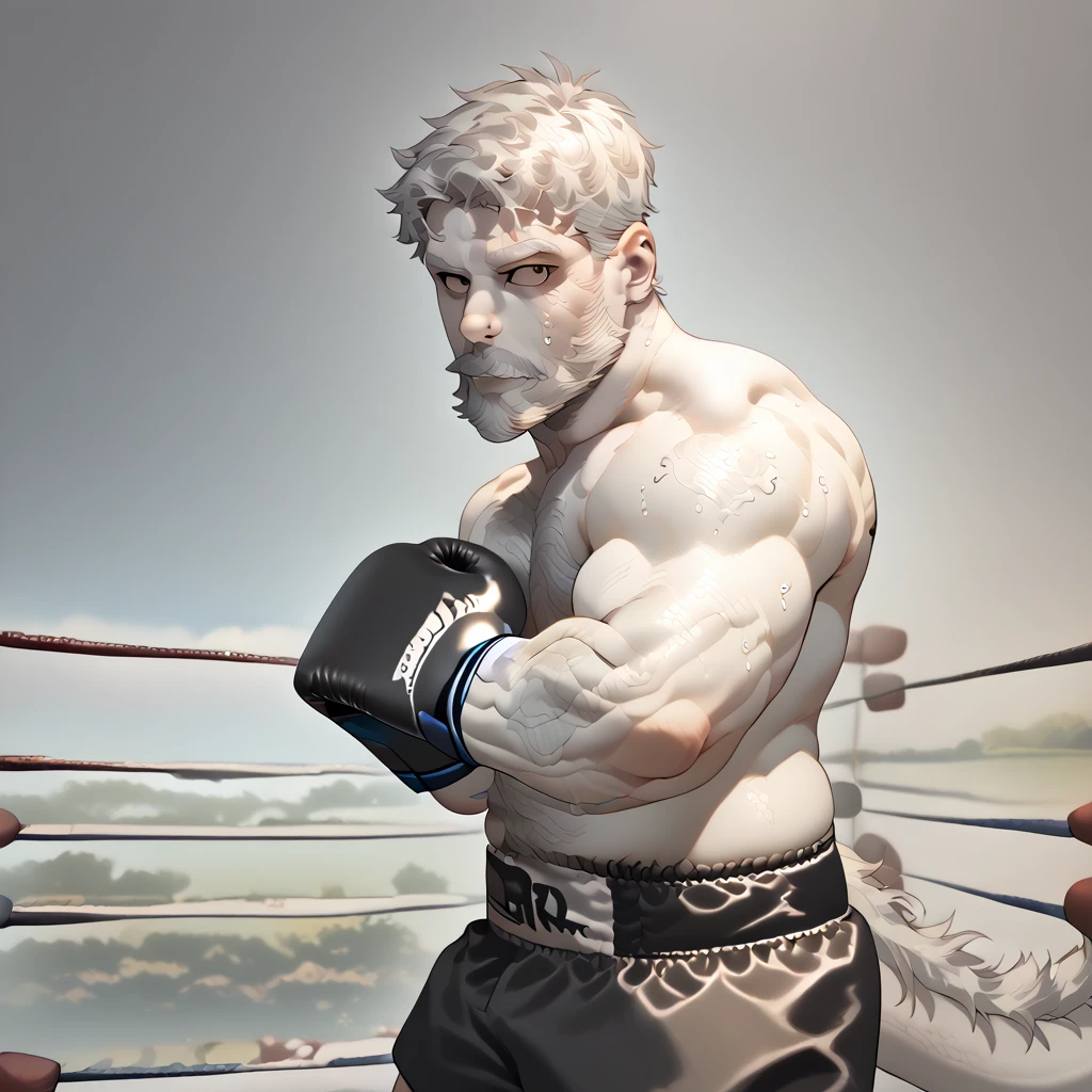 score_7_ up, break,   King Andreas ,  1 Boy , Alone, White Hair,  dark eyes,  beard ,  shirtless in the lobby,  wear black boxing gloves,  black and red boxing trunks ,  viewers in the ruins of the city,   kick Chinrim , Throw jabs  （Black and white skin，東方  dragon  ，  dragon  ),( boxing shorts ),Strong posture  ,  stand calmly  ,(  boxing ring),abdomen ,  heroic posture   valiant,perfect masterpiece,Mister.々  face details ,  proximity method ,  Specific Description  ,masterpiece,CG,(  golden eyes),   look up at black and white patterns ,  black and white tail  ,In general,  heroic posture  ,（  dragon  ,Black and white fur）,   facial features   ,half body,(Zhang Ling  ),((middle aged)),(  focus on face  ),(16k),   high definition   ,（  black and white belly  ）,  boxing ring,(noodles ),( boxing gloves ),( Black and white hair ),strong,logic, Circle々 look up at its body  ,(   high definition   :1.3),( close),(  detailed face  :1.5),  perfect detail ,(half body),(  face details説明 :1.5),( Zoom in on the face :1.5),(White Face:1.2),( Blackbeard :1.3),(White Face;1.6),Black and white body  ， Thick chest hair ，濃密abdomen 毛，裸露的abdomen，bare breasts，Fat body