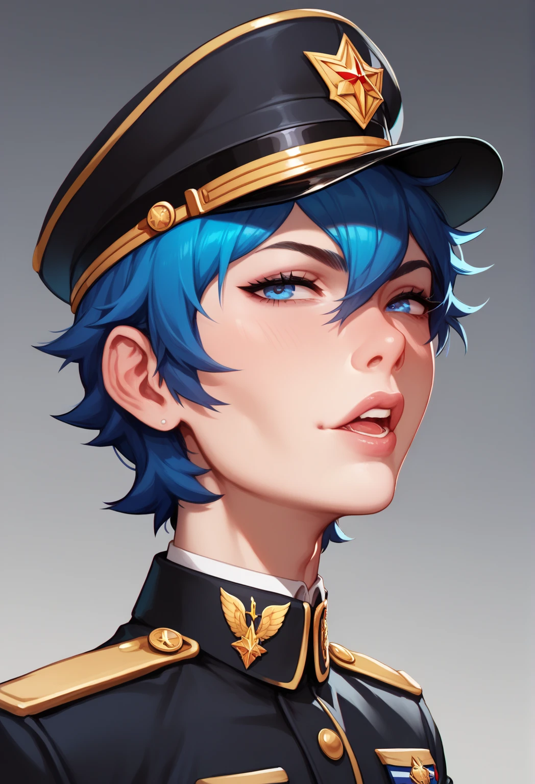 Handsome  ****** boy
Effeminate
Blue eyes,
Short, messy blue hair with black gradient,Slim and slender and delicate body, Wearing a cap and military commander's uniform, dictator, black military uniform, femboy, femboy, In front of many people giving a speech 