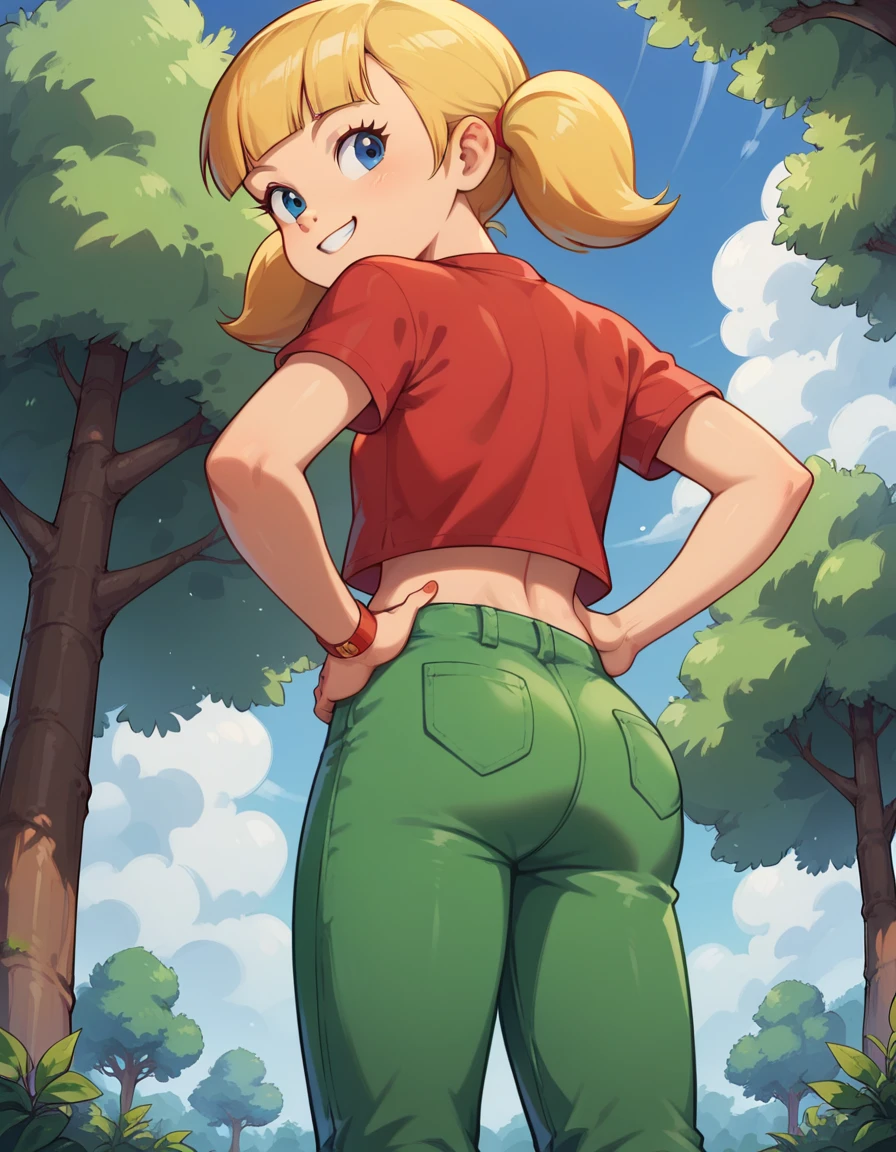 1girl, solo, penny_ig, young­k­i­d, short height, blonde hair, twintails, blue eyes, red cropped shirt, stripe, in a forest, green pants, back view, hands on hips, smirksmile, mouth open, huge-butt-booty-close-up, view from below