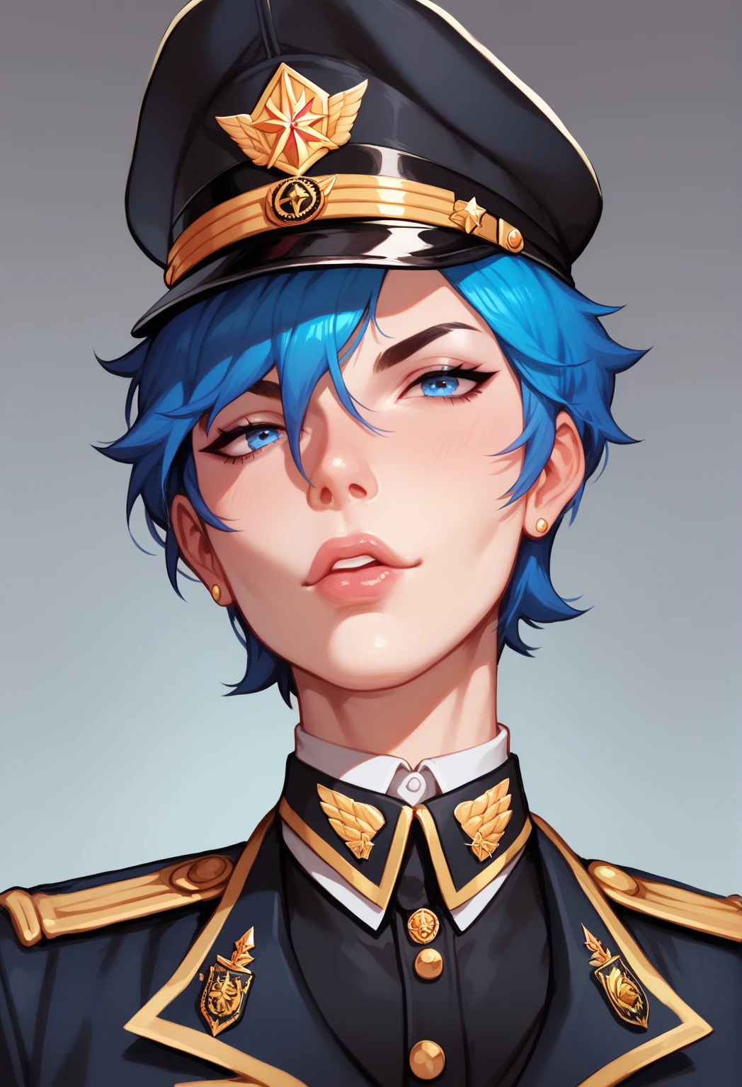 Handsome  17 old boy
Effeminate
Blue eyes,
Short, messy blue hair with black gradient,Slim and slender and delicate body, Wearing a cap and military commander's uniform, dictator, black military uniform, femboy, femboy,In front of thousands of people, thousands of people  