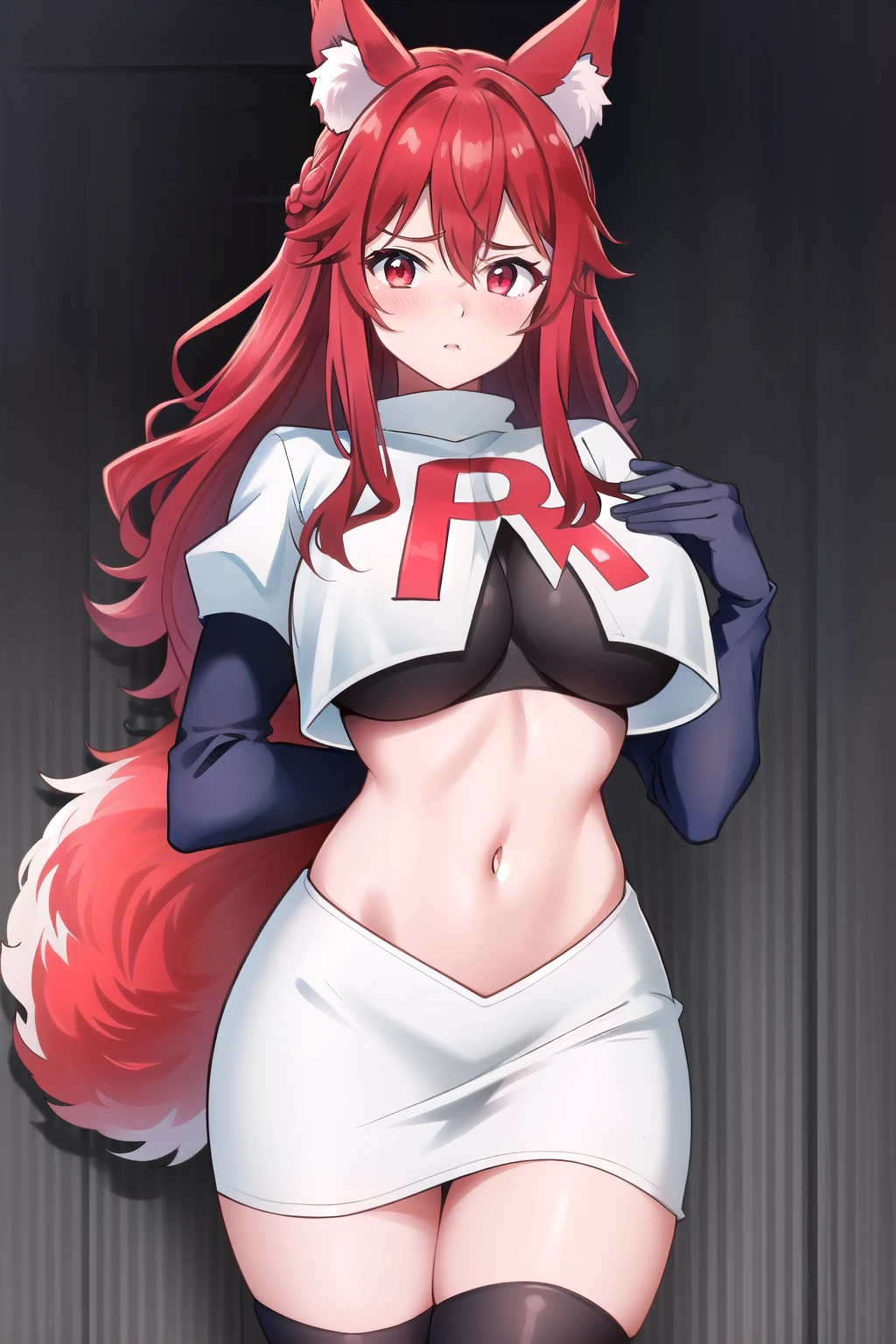 (extremely detailed CG unity 4k wallpaper),(masterpiece),(best quality),(ultra-detailed),(best illustration),(best shadow),(absurdres),(detailed background), Flay, 1girl, animal ears, solo, breasts, tail, long hair, large breasts, fox ears, red eyes, looking at viewer, fox tail, multicolored hair, hair between eyes, animal ear fluff, red hair, skin tight, blush, cowboy shot, bangs, gradient hair, team rocket,team rocket uniform,white skirt,red letter R,crop top,black thigh-highs,black elbow gloves