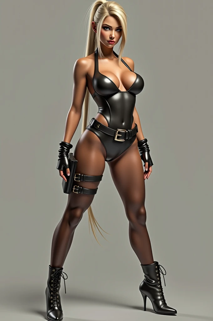 Sexy Hermaphrodite, Plump, pursed lips, Smooth Skin, Blonde with bangs..Crystal blue eyes with smoky eyeshadow and black eyeliner, Black semi-matt lipstick, Dark Skin, A frivolous, proud smile, Blonde Bob.body image、Plain white background、Black stiletto heels, black thigh-high boots, black tortoiseshell harness。、Side angle、BDSM、