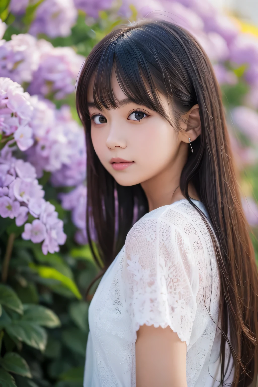 highest quality, High resolution, realistic pictures, detailed skin texture, ((Cute 12 year old Japanese girl wearing a white camisole)), view audience, slim body shape, charming gaze, Fair skin, baby face, (flat chest:1.2), long straight hair, flower hair ornament