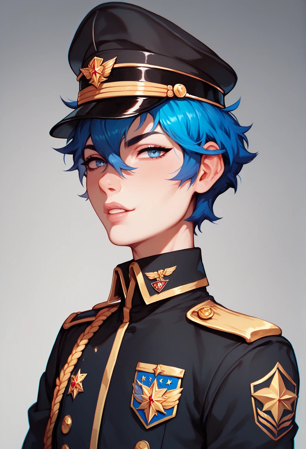 Handsome   boy
Effeminate
Blue eyes,
Short, messy blue hair with black gradient,Slim and slender and delicate body, Wearing a cap and military commander's uniform, dictator, black military uniform, femboy, femboy