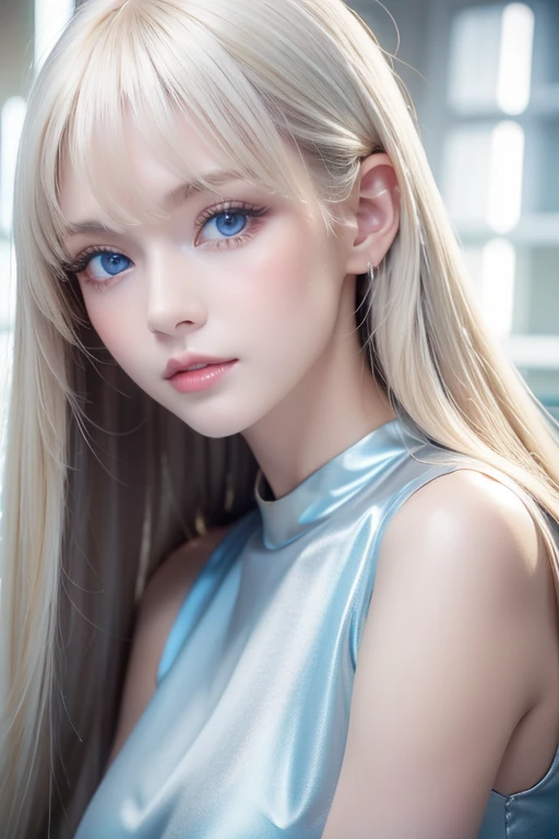 (((White Blonde、forehead、White background、Frilled blouse、round face、Northern Europe、Russia、)))、Beautiful and fair、Glowing Skin, 3 Up, nice, bright, Refreshing and gentle look, Perfect beautiful face、White Blondeのロングヘア，Beautiful shiny bangs, Very beautiful girl, eyeliner, So perfect and beautiful、Lovely large, clear, sky-blue eyes，Very large breastuscular body，