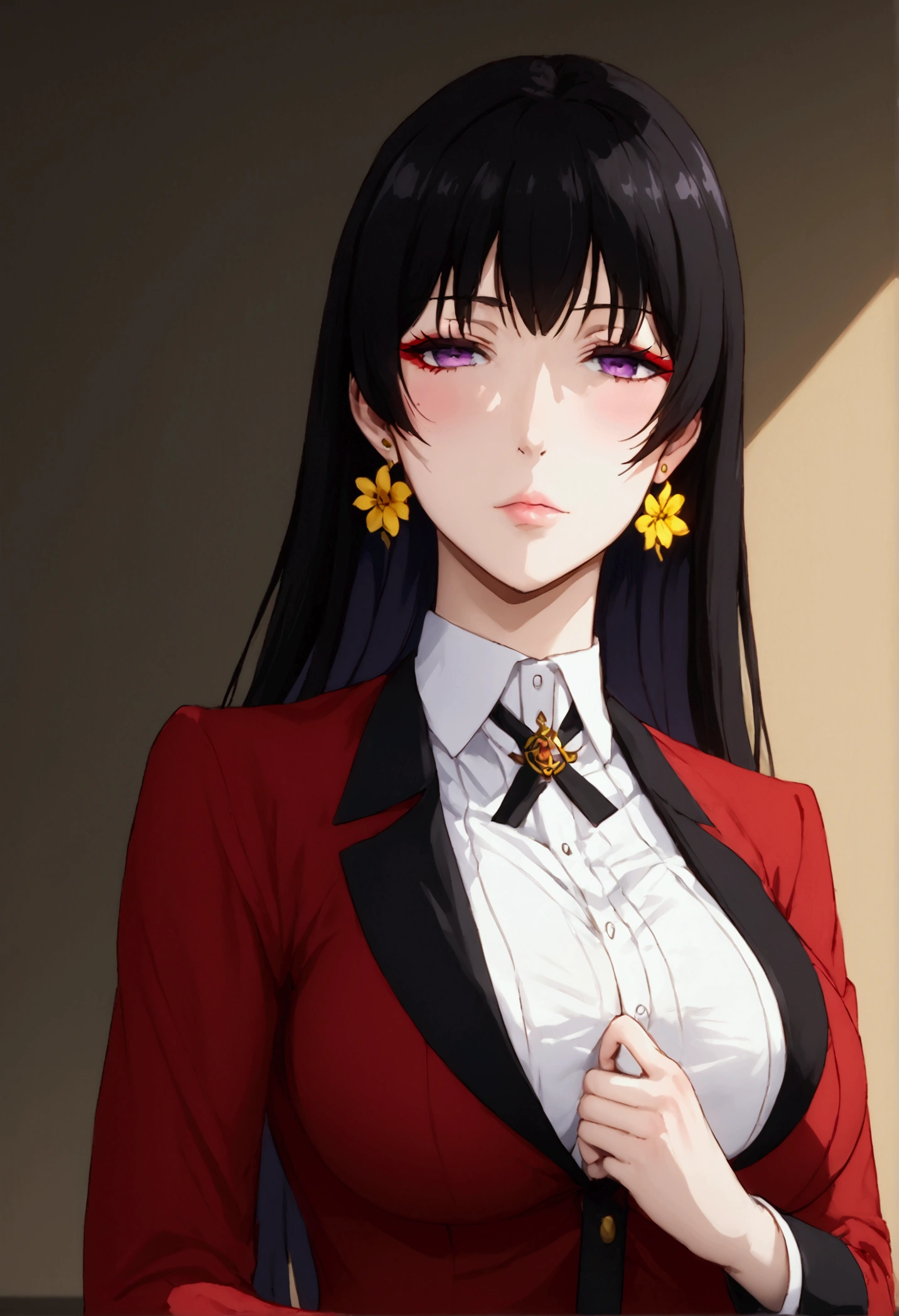 (1 girl,  anime style , anime 2d, detailed, realistic line,  good resolution ),  a beautiful high school girl with large breasts , (bust size 180 cm),  beautiful and well-defined body ,  fine winding,  long, smooth hair with ends that curl up to out at the end with a length that reaches up to below the waist,  bluish black hair ,  with long fringes and locks on the front that reach the height of the breasts , ( beautiful and shiny hair ), with a bow on the back of the head ,  beautiful, rosy lips , (lábios bonitos e detaileds), fair and beautiful skin, pretty purple eyes , (olhos bonitos e detaileds),  red eyeliner on her eyes , wearing gold flower-shaped earrings ,  long black nails , rings on the fingers,  the character is wearing a traditional uniform with a white shirt with small horizontal stripes ,  and a red jacket with black buttons and a collar around the neck and a black tie with a gold flower brooch ,  and a gray mini skirt with long black socks all torn and leather boots with long black heels , standing, half-closed eyes,  looking at the viewer , posing,  the background will be in an empty classroom at a school at sunset 