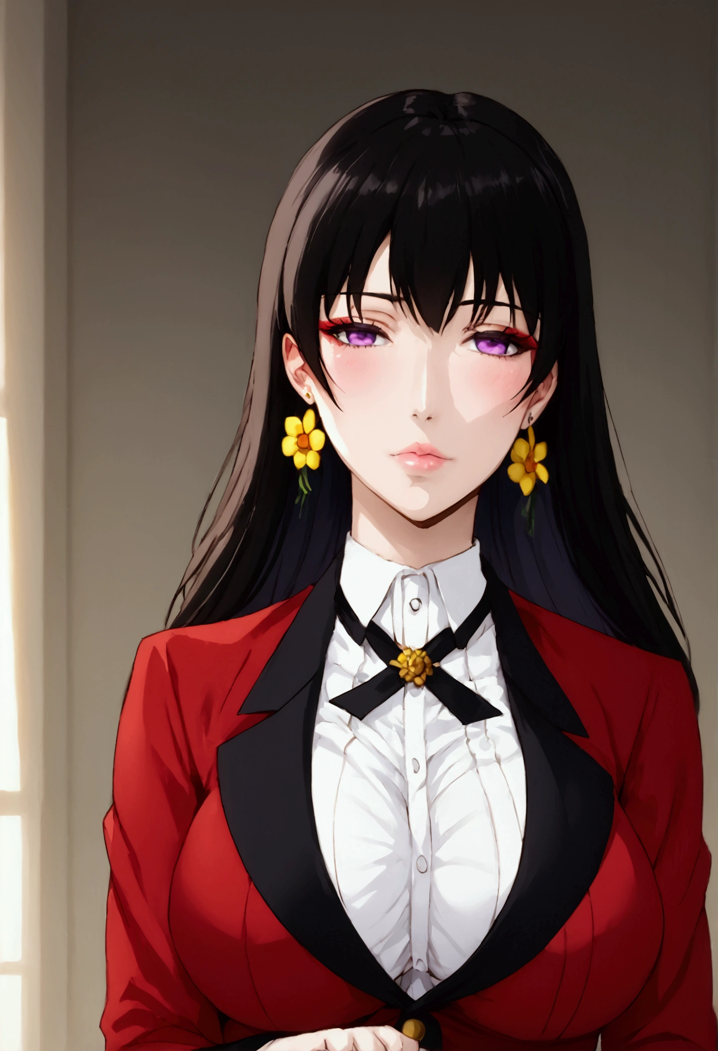 (1 girl,  anime style , anime 2d, detailed, realistic line,  good resolution ),  a beautiful high school girl with large breasts , (bust size 180 cm),  beautiful and well-defined body ,  fine winding,  long, smooth hair with ends that curl up to out at the end with a length that reaches up to below the waist,  bluish black hair ,  with long fringes and locks on the front that reach the height of the breasts , ( beautiful and shiny hair ), with a bow on the back of the head ,  beautiful, rosy lips , (lábios bonitos e detaileds), fair and beautiful skin, pretty purple eyes , (olhos bonitos e detaileds),  red eyeliner on her eyes , wearing gold flower-shaped earrings ,  long black nails , rings on the fingers,  the character is wearing a traditional uniform with a white shirt with small horizontal stripes ,  and a red jacket with black buttons and a collar around the neck and a black tie with a gold flower brooch ,  and a gray mini skirt with long black socks all torn and leather boots with long black heels , standing, half-closed eyes,  looking at the viewer , posing,  the background will be in an empty classroom at a school at sunset 