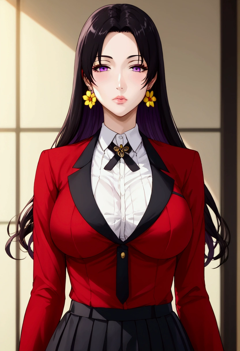 (1 girl,  anime style , anime 2d, detailed, realistic line,  good resolution ),  a beautiful high school girl with large breasts , (bust size 180 cm),  beautiful and well-defined body ,  fine winding,  long, smooth hair with ends that curl up to out at the end with a length that reaches up to below the waist,  bluish black hair ,  with long fringes and locks on the front that reach the height of the breasts , ( beautiful and shiny hair ), with a bow on the back of the head ,  beautiful, rosy lips , (lábios bonitos e detaileds), fair and beautiful skin, pretty purple eyes , (olhos bonitos e detaileds),  red eyeliner on her eyes , wearing gold flower-shaped earrings ,  long black nails , rings on the fingers,  the character is wearing a traditional uniform with a white shirt with small horizontal stripes ,  and a red jacket with black buttons and a collar around the neck and a black tie with a gold flower brooch ,  and a gray mini skirt with long black socks all torn and leather boots with long black heels , standing, half-closed eyes,  looking at the viewer , posing,  the background will be in an empty classroom at a school at sunset 